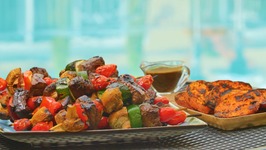 Balsamic Steak Skewers with Mixed Vegetables and Grilled Sweet Potatoes