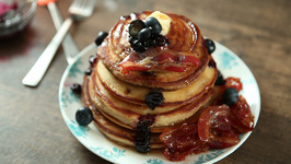 American Breakfast - Fluffy Pancakes - Blueberry Jam And Bacon Caramelized In Maple Syrup