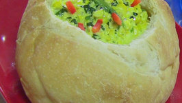 Creamy Corn Soup with Spinach in Bread Bowl - Corn Chowder Style Soup