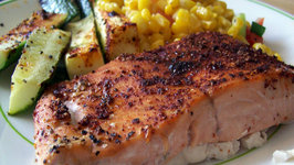 Chili Rubbed Salmon with Sweet Potatoes and Vegetable Sauté